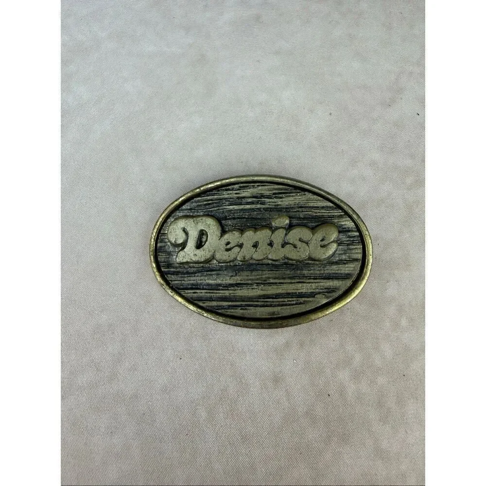 Vintage 1970s Denise Belt Buckle Gold Tone Groovy Lettering Mod MCM